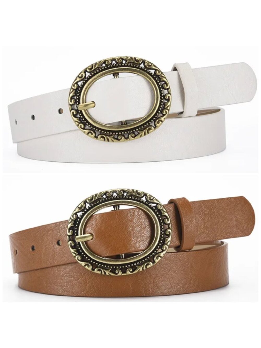 Vintage-Style Oval Buckle Faux Leather Belt Set of 2 White & Brown